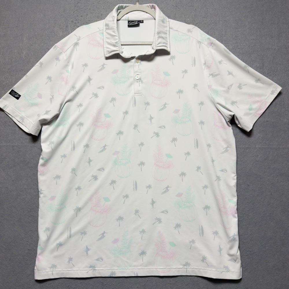 Sunday Swagger Mens XL‎ Tropical Golf Polo Shirt White Pink Teal Palm Tree Surf